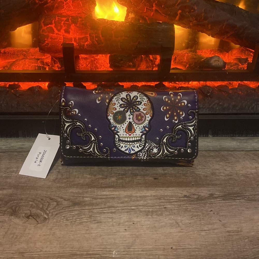 Multi Functional Western Sugar Skull Trifold Clutch Crossbody Wallet 💀